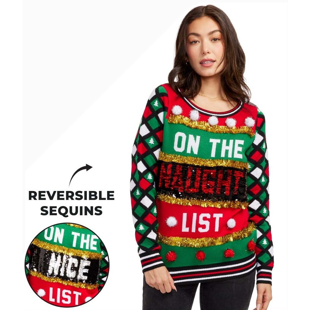 Tipsy Elves Naughty or Nice Reversible Sequin Christmas Sweater Womens Large NWT